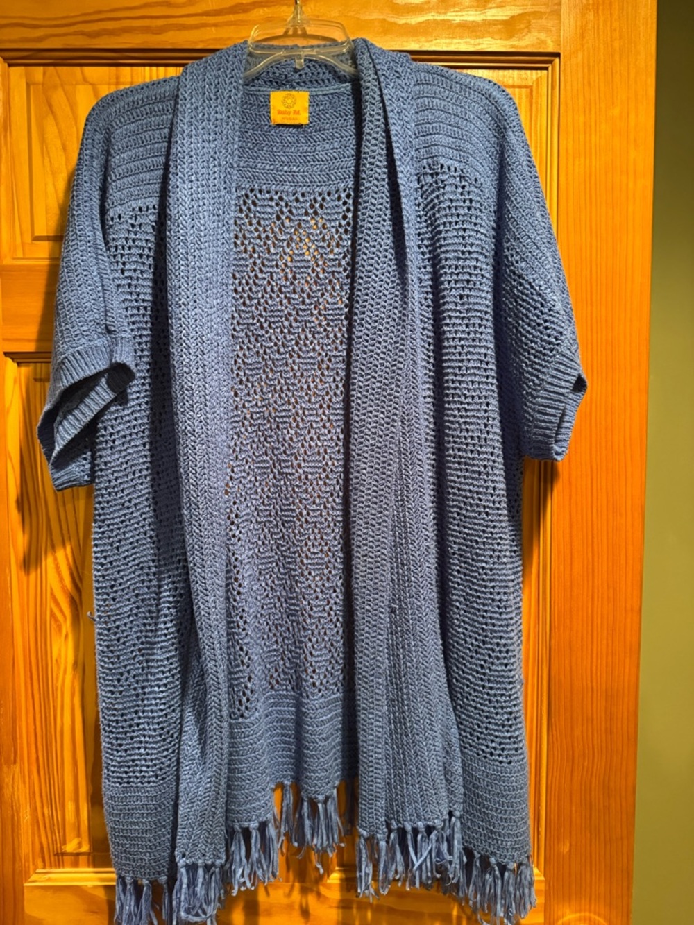 Ruby Rd Open-Knit Fringe Cardigan Sweater - Blue Size 2X